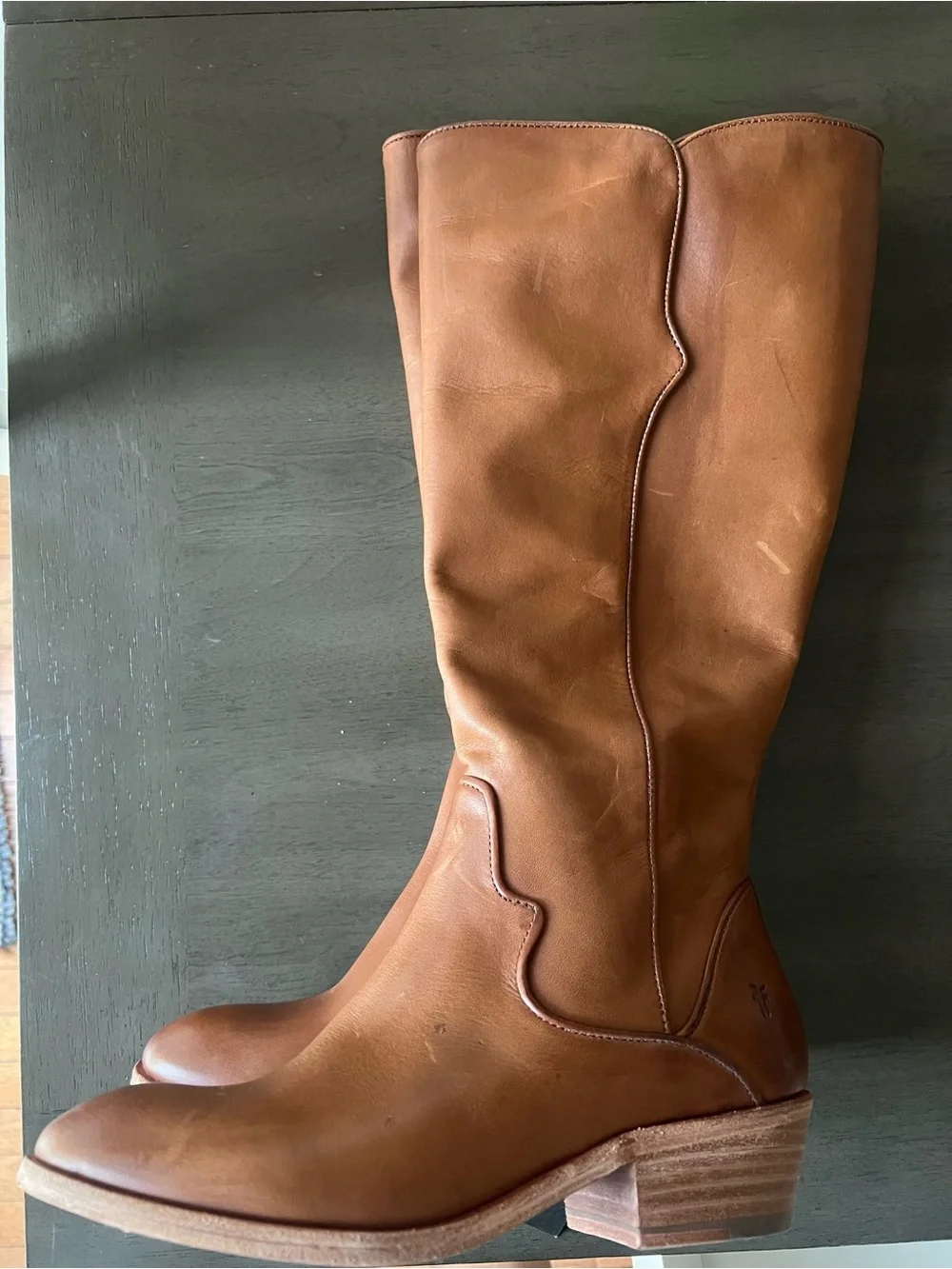Frye Carson Piping BrownLeather Tall Knee High, Extended Calf.  Size 8